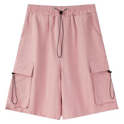 甜酷风粉色工装短裤女夏季薄款美式速干休闲阔腿裤宽松直筒五分裤