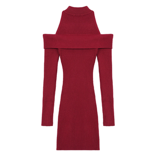 ousph雾都恋人 半高领露肩长袖针织连衣裙女气质修身内搭包臀短裙