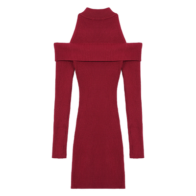 ousph雾都恋人 半高领露肩长袖针织连衣裙女气质修身内搭包臀短裙