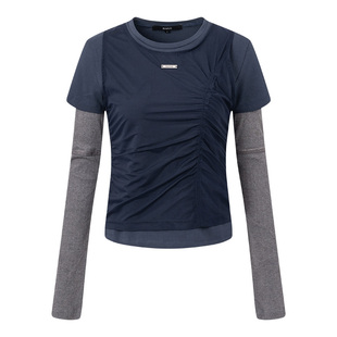 RAIVE2026春季女上衣芭蕾风假两件拼接材质层次感圆领长袖T恤