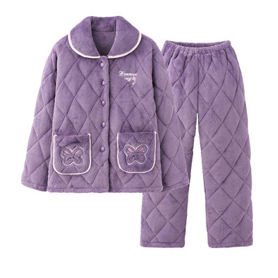 冬季女士三层加厚夹棉家居服套装