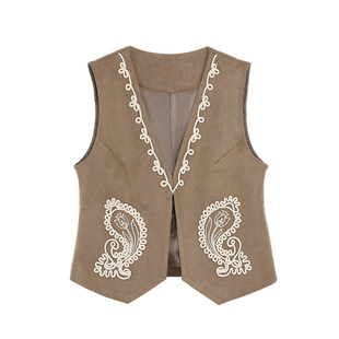 MULVAN 西部民族风 绣花V领马甲开衫女春秋度假风多搭配无袖上衣