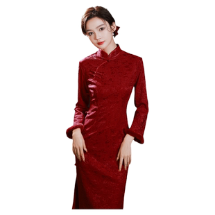 敬酒服旗袍新中式冬季加绒加厚小个子蕾丝订婚新娘结婚礼服女红色