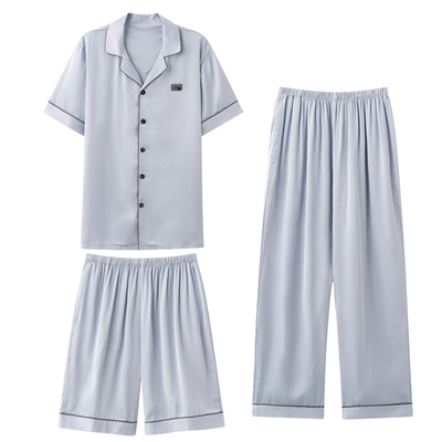 夏季男款短袖冰丝三件套睡衣