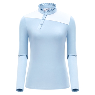 高尔夫球女士长袖T恤防晒速干衣衫木耳边高领白蓝色运动上衣服装