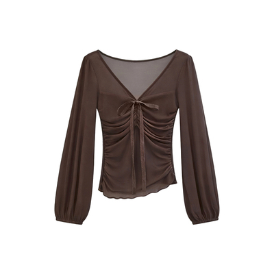 长袖设计感网纱V领衬衫