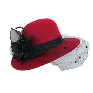 秋冬羊毛呢帽子女士优雅名媛复古网纱遮脸大沿帽法式英伦赫本礼帽