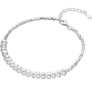 六桂福珠宝S925碎银几俩手饰女款银豆子珍珠手链新年情人节礼物