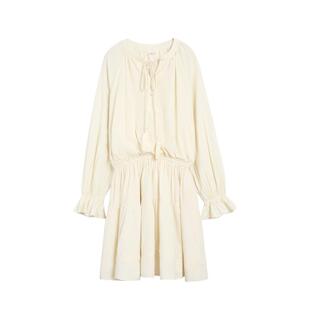 紫涵立领长袖连衣裙女2026春季新款法式蕾丝收褶收腰显瘦a字短裙