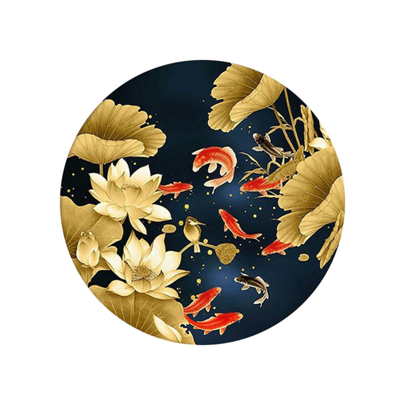 纯棉卧室餐厅玄关圆形金色九鱼图