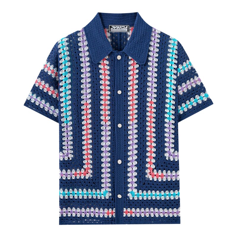 2026春夏新款条纹拼色短袖衬衣男性感镂空针织polo衫Men's shirts
