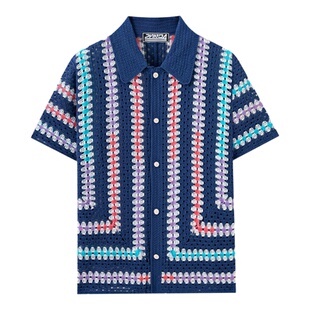 2026春夏新款条纹拼色短袖衬衣男性感镂空针织polo衫Men's shirts