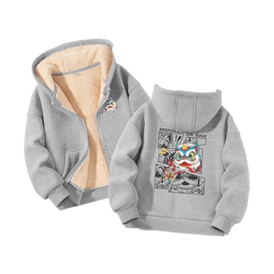 JU真维斯男童羊羔绒卫衣外套2025春季新款新年双面印花连帽开衫