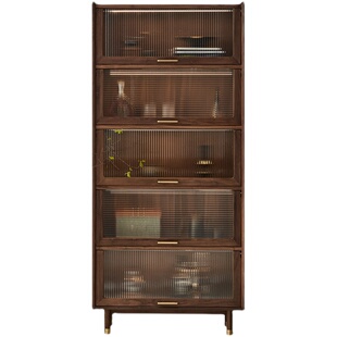 留意北欧简约实木书柜架黑胡桃带玻璃门客厅日式展示柜靠墙置物柜