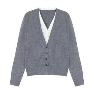 Maven Lin 轻奢俏感 撞色V领假两件针织开衫女100%羊毛薄款小外套