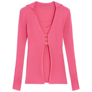 bebe春夏系列女士翻领修身假两件设计感针织上衣230607