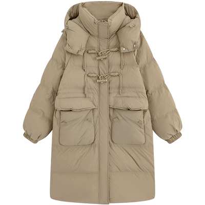 连帽羽绒服复古牛角扣宽松保暖