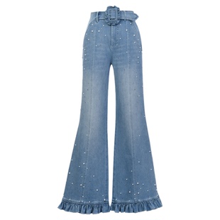 lefame拉飞姆2026夏季新款时尚珠饰荷叶褶边牛仔长裤休闲阔腿裤女