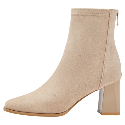 达芙妮高跟短靴女裸色瘦瘦靴子女