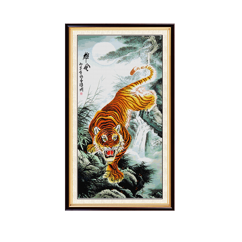针爱99印花十字绣虎系列雄威动物老虎图书房客厅玄关竖款挂画线绣