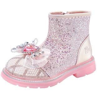 芭比童鞋儿童靴子秋冬小童水晶鞋冬季二棉鞋加绒马丁靴女童公主靴