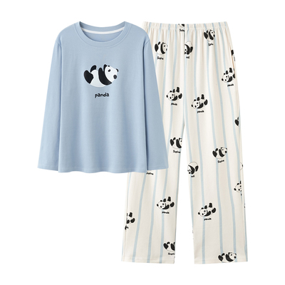 2025新款女款睡衣春秋季纯棉长袖圆领大码条纹卡通熊猫家居服套装