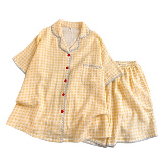 黄色格子碎花云朵棉睡衣女款2026新款夏季短袖短裤家居服两件套装