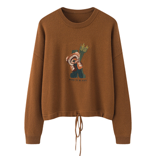 阿绒源100山羊绒小熊绣花短款女套衫24秋冬宽松收腰系带减龄显瘦