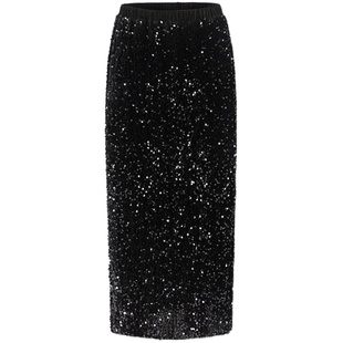 CHICHY经典款黑色百搭气质丝绒亮片半身裙女冬季A字中长款直筒裙