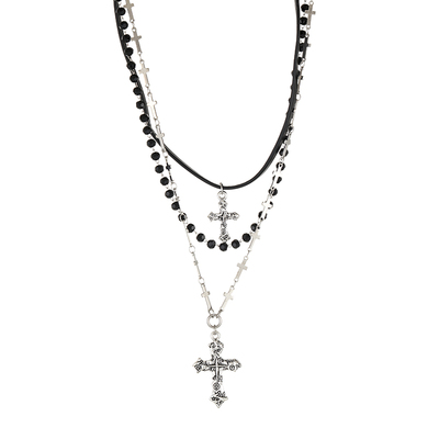 复古多层十字架串珠项链女暗黑朋克风叠戴锁骨链千禧辣妹y2k配饰
