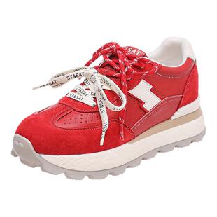 星期六软底红色运动休闲鞋女款新款春季透气厚底内增高阿甘德训鞋