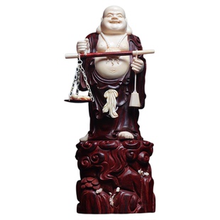 【称心如意】小叶紫檀镶嵌猛犸牙雕佛像摆件红木弥勒佛收藏工艺品