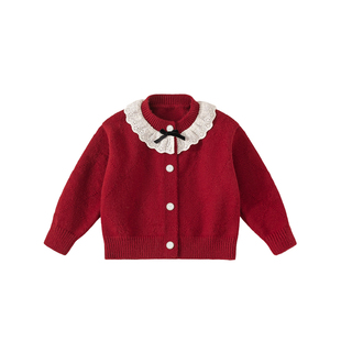 INSbobo女童毛衣儿童红色针织开衫冬季新款宝宝加厚外套新年上衣