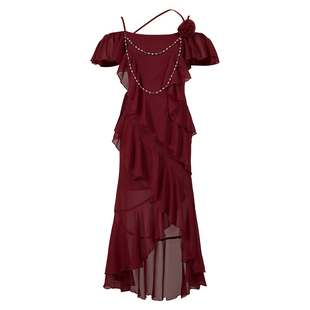 酒红色敬酒服晚宴年会小礼服裙女高级感气质名媛不规则吊带连衣裙