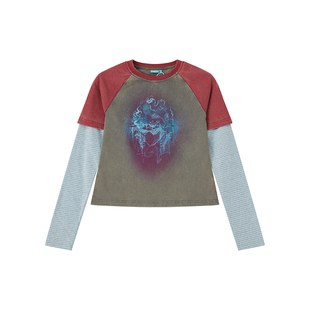 化学少女「新浪潮实验」水洗假两件插肩袖条纹拼接印花长袖T恤女