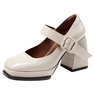 法式真皮鞋子女鞋秋新款方头防水台粗跟单鞋女高跟玛丽珍鞋女