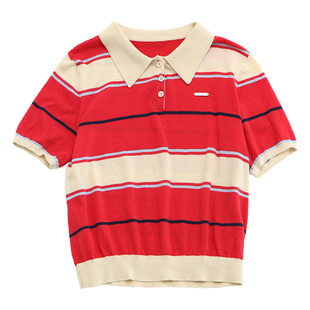 鹿与飞鸟“莓果红酒”柔软100棉料红色条纹针织上衣polo领T恤6761