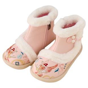 女童汉服鞋冬儿童古风加绒绣花鞋宝宝新中式搭配马面裙雪地靴棉鞋