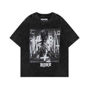 FOG FEAR OF GOD贾斯汀比伯人像复古做旧VTG高街宽松运动短袖T恤