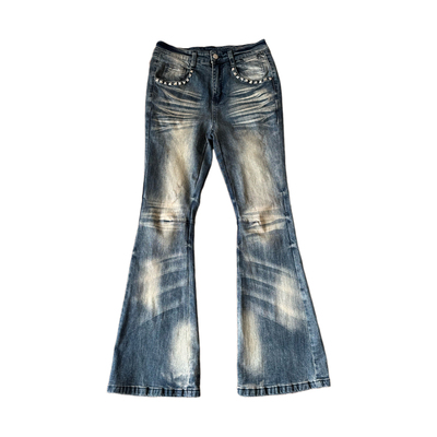 高街蛇纹拼接铆钉修身微喇牛仔裤