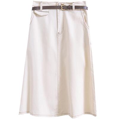 紫涵A字牛仔半身裙春秋季新款纯色明线中长裙A字百搭裙子小个子