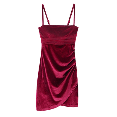 不规则褶皱性感丝绒吊带连衣裙