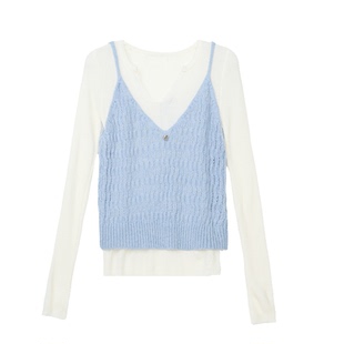 【吵吵家KAOKA~】韩系蓝色V领吊带女秋气质修身长袖针织衫两件套