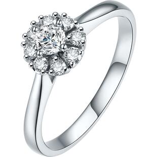 T周六福18K金钻戒女圆形花型群镶显钻克拉求婚璀璨钻石戒指