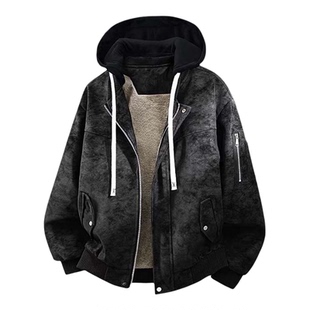 罗宾汉/ROBINHOOD美式复古假两件连帽麂皮绒夹克男款冬季防风外套