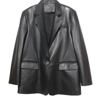 2025新款春秋宽松绵羊皮皮衣女显瘦真皮西装夹克通勤外套中长款