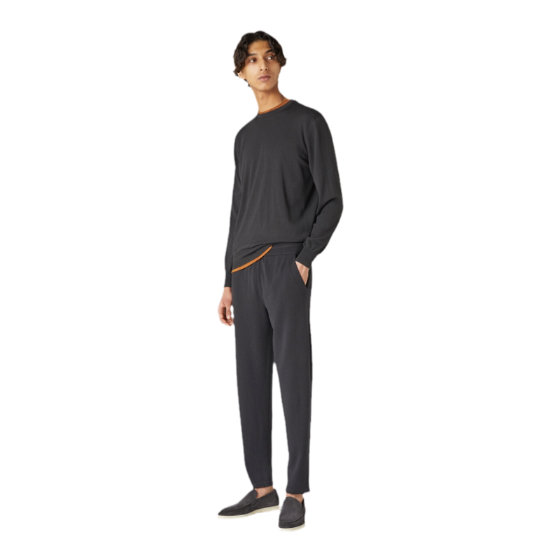Loro Piana/诺悠翩雅男装黑色羊绒圆领长袖休闲针织衫毛衣