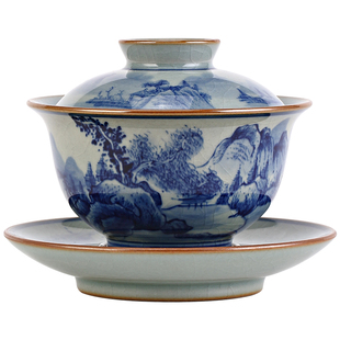 柴烧景德镇三才盖碗纯手工高档陶瓷单个青花瓷泡茶大号茶碗三件套