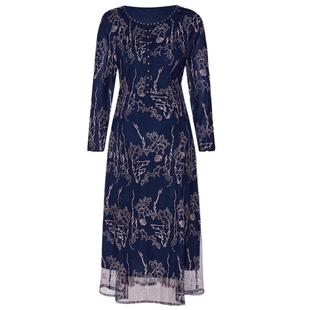 马天奴女装春秋藏青色圆领刺绣蕾丝连衣裙子中长款时尚奢华气质