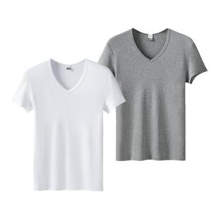 三枪【2件装】中老年纯棉V领短袖 中老年罗纹短袖老头衫男棉T恤